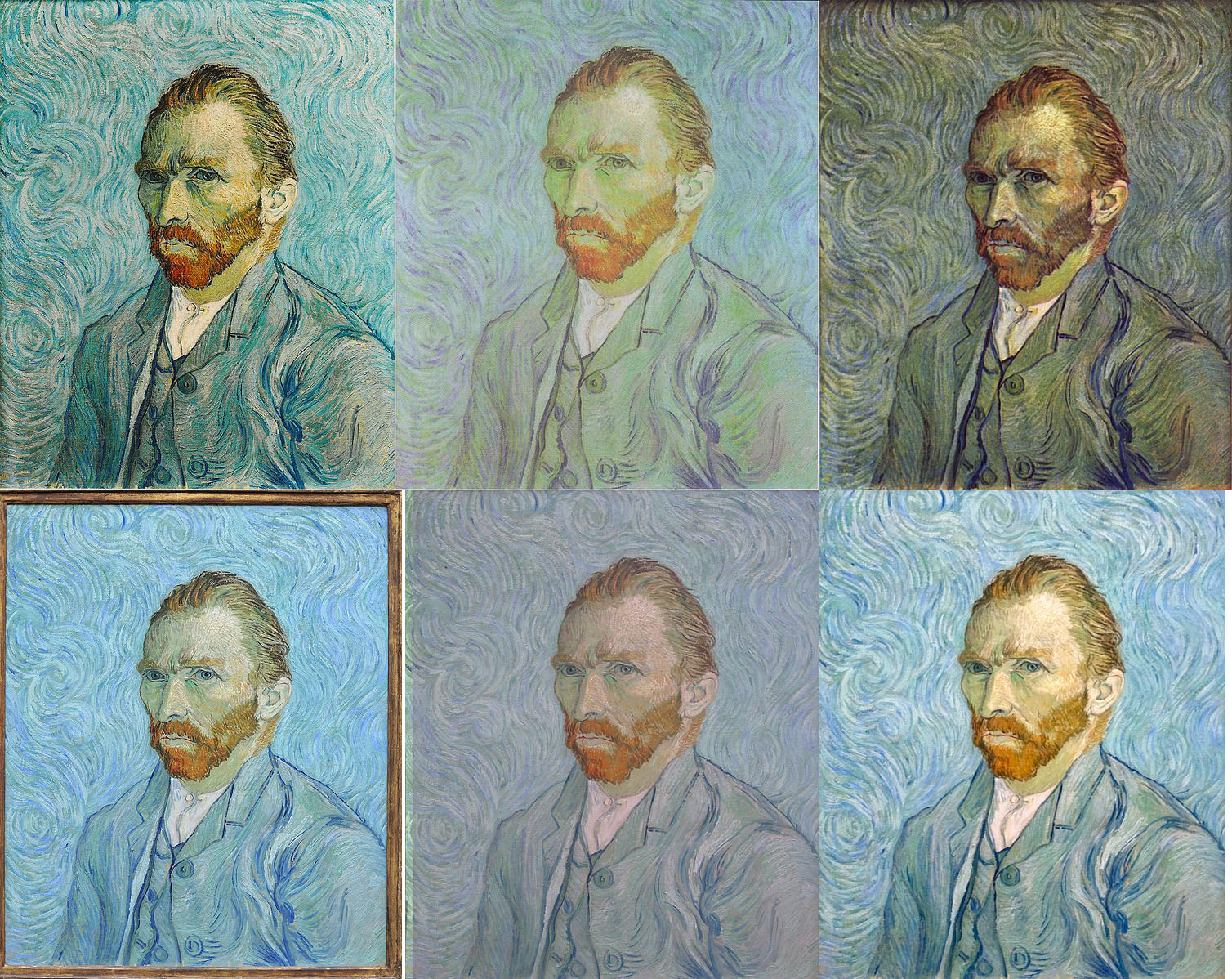 Six different versions of Self Portrait by Van Gogh appear, each with slight differences in color and saturation.
