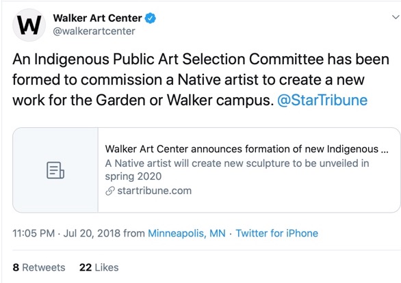 An Indigenous Public Art Selection Committee has been formed to commission a Native artist to create a new work for the Garden or Walker campus @StarTribune. This post included a link to the Star Tribune article that discussed this selection committee.