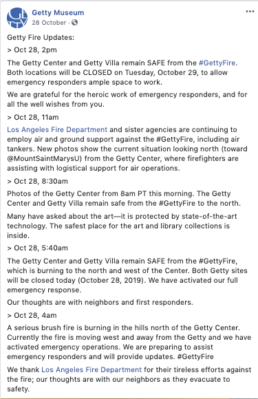 Facebook post with updates about the #GettyFire throughout October 28, 2019.