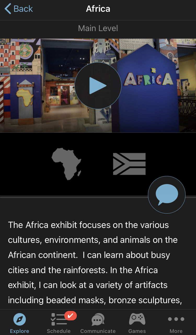 The Field Museum information section on the app. There is a picture of a video of the African exhibit at the Field Museum along with the text of the video.