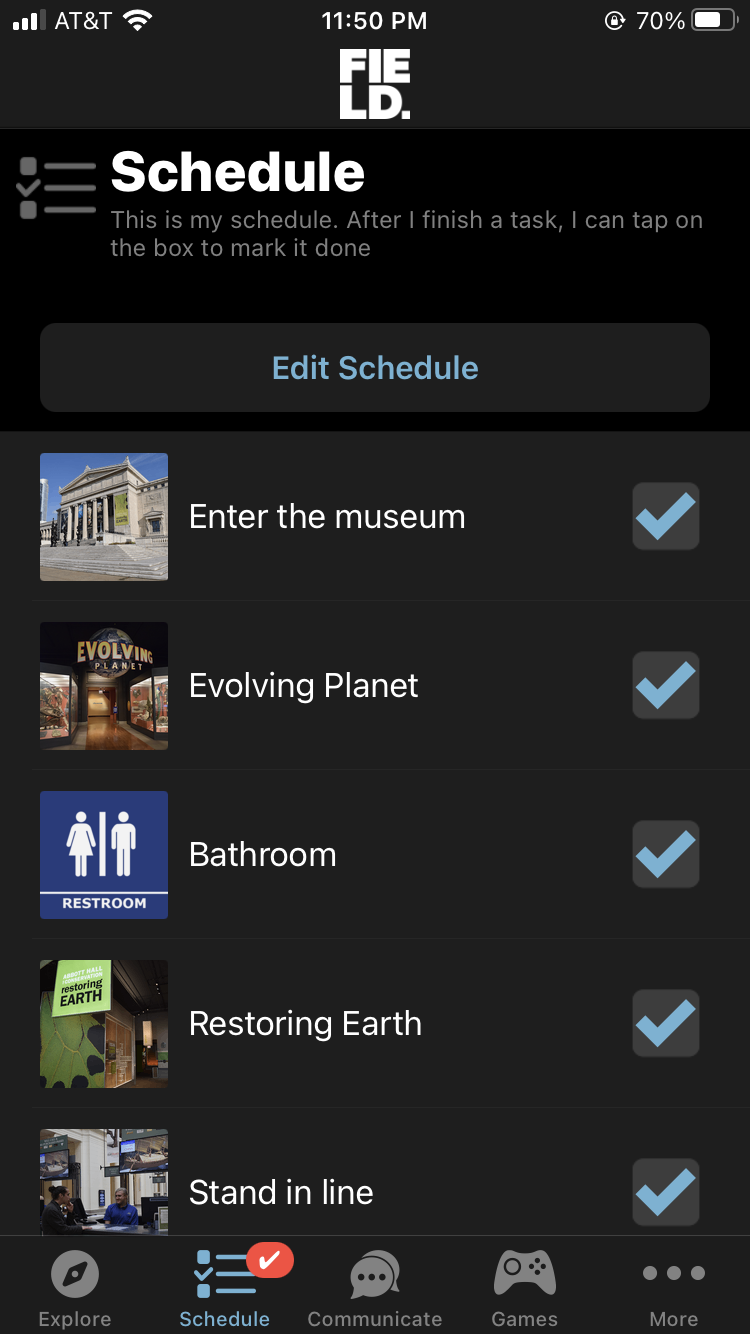 Visual schedule of a museum trip. It has pictures of the different exhibits with checks in boxes next to them.