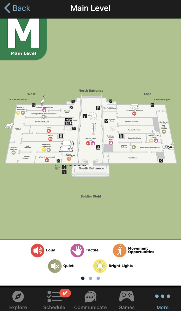 Sensory Friendly Map for the Field Museum App. A Map of the museum main floor depicting colorful circles with symbols inside them that depict different sensory stimuli.