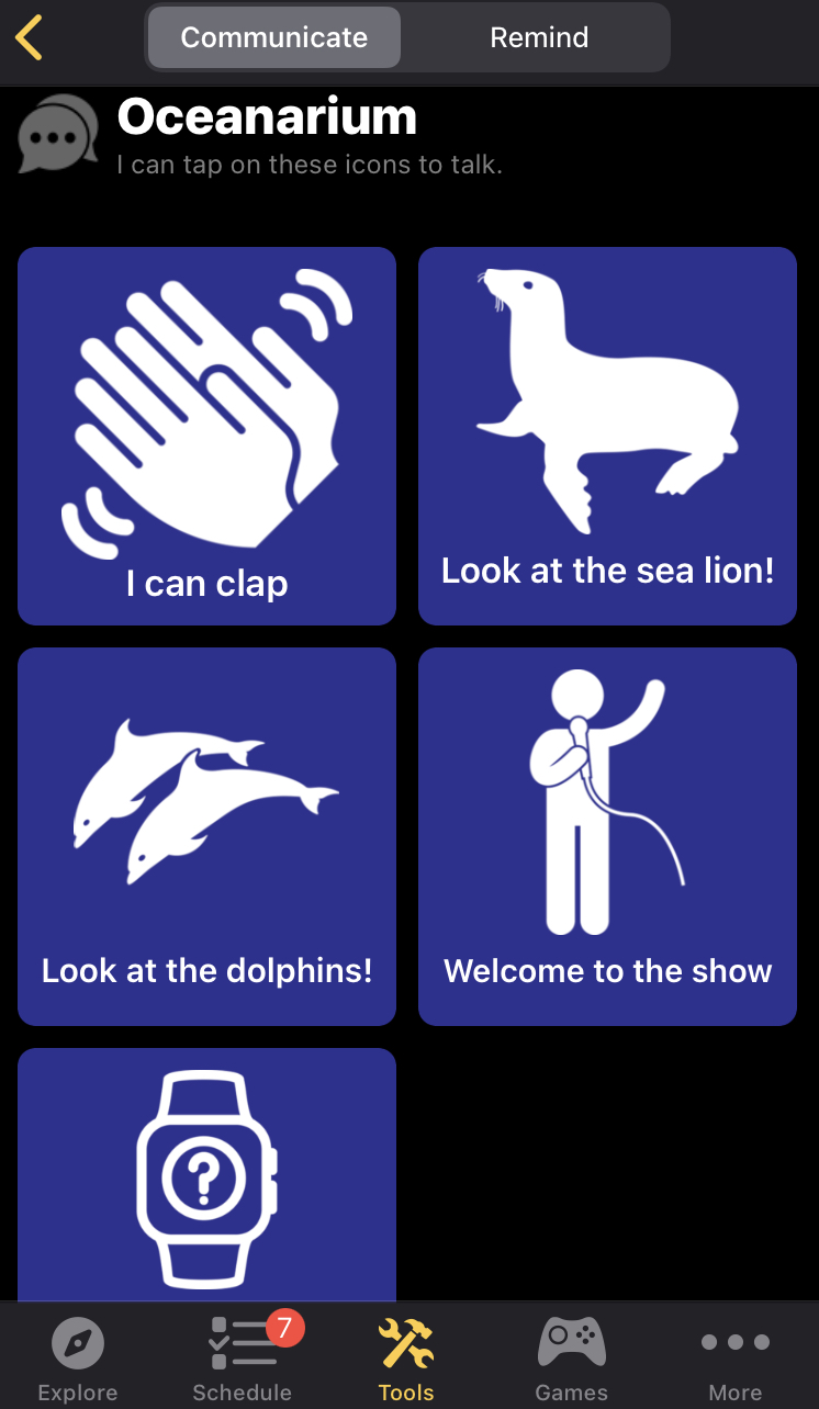 Tools page of the Shedd Aquarium app. Boxes with images and phrases that describe the image.