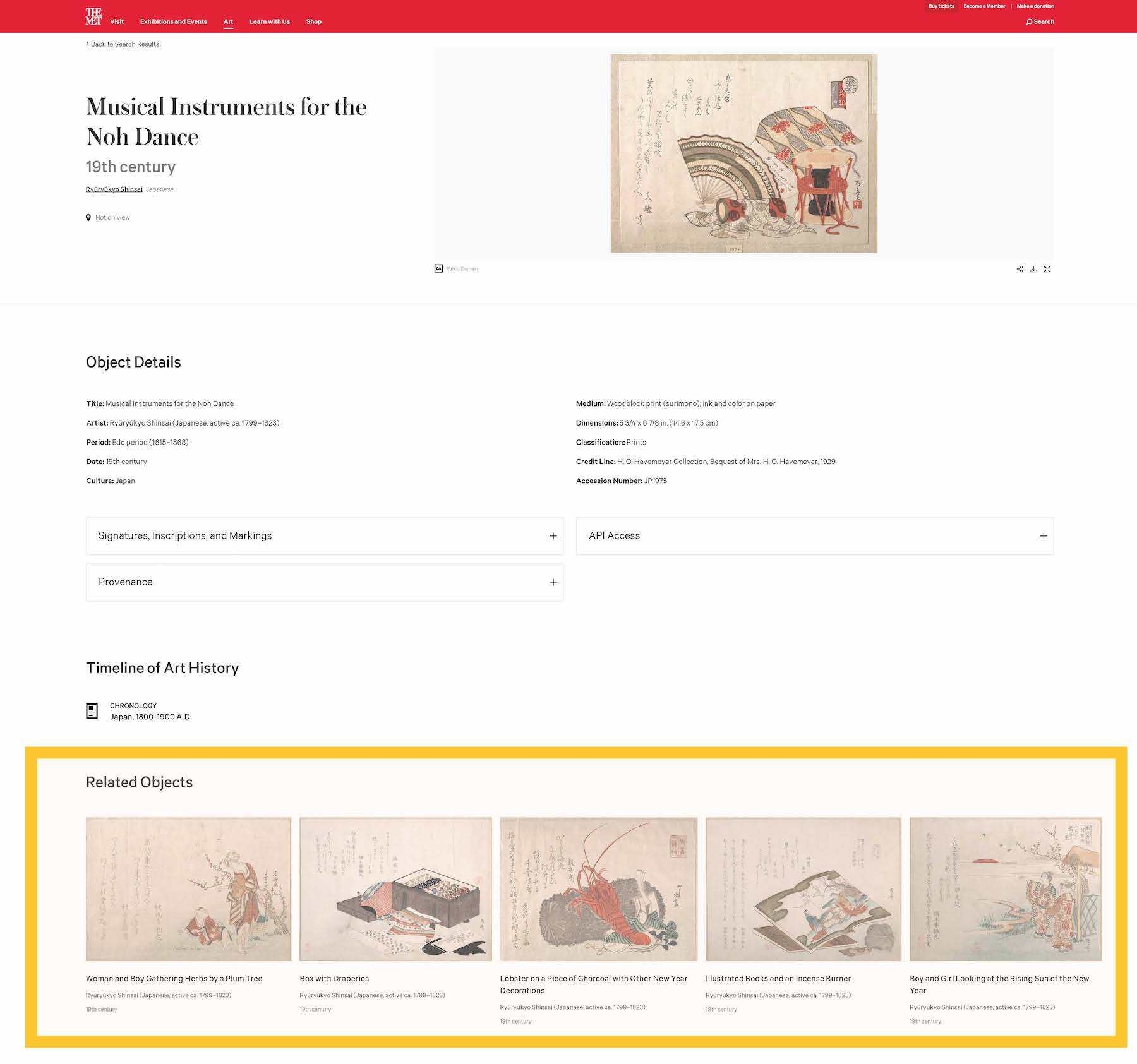 Screenshot of a page on the Metropolitan Museum of Art website for a print on paper titled “Musical Instruments for the Noh Dance” which depicts two hourglass-shaped drums, a scroll, a paper fan, and some fabric. The bottom of the page shows a section highlighted in yellow titled Related Objects in which there is a row of five images of other Japanese prints.