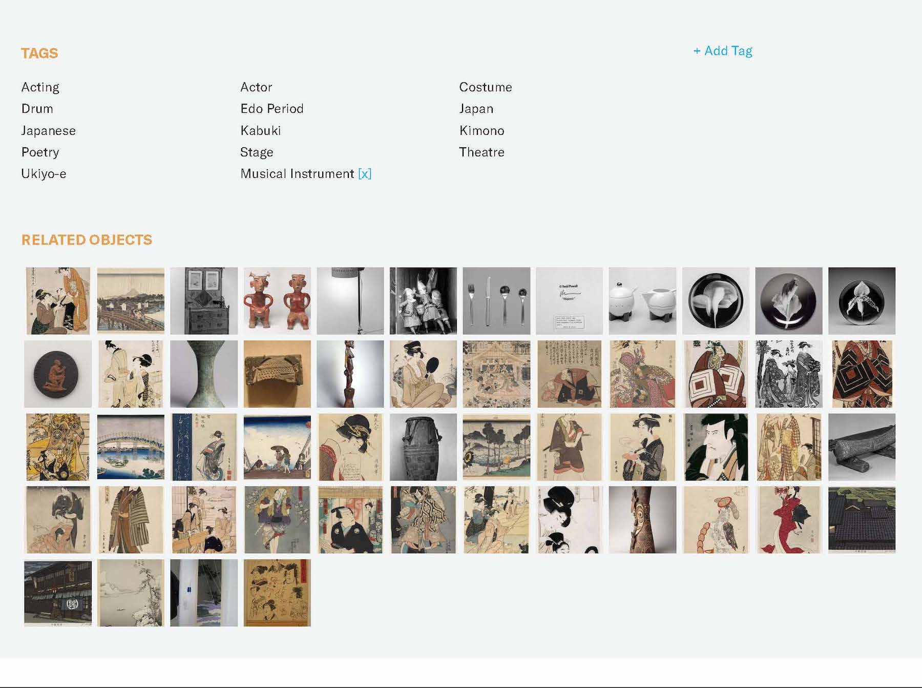 Screenshot of a portion of an object page on the Brooklyn Museum website. Under the title Tags the words Acting, Drum, Japanese, Poetry, Ukiyo-e, Actor, Edo Period, Kabuki, Stage, Musical Instrument, Costume, Japan, Kimono, and Theater are listed in three columns.